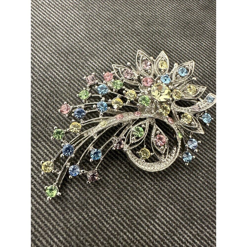Large FiAurora Borealis Rhinestone Silver Tone Brooch Pendant 3” Stunning Color